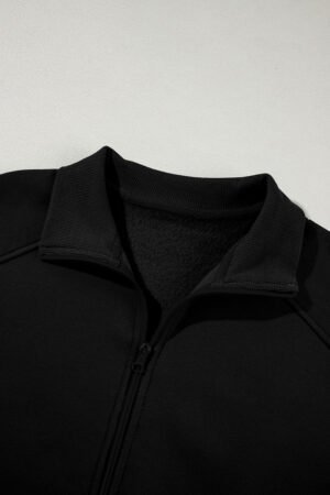 Black Drop Shoulder Zip Up Jacket Drawstring Pants Active 2pcs Set - Image 6