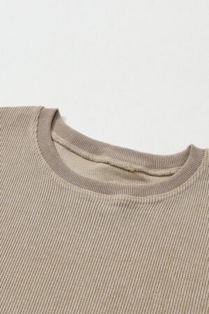 Khaki Solid Ribbed Knit Round Neck Pullover Sweatshirt - Image 7