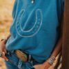 Light Blue Horse Shoe Embroidered Loose Short Sleeve Sweater