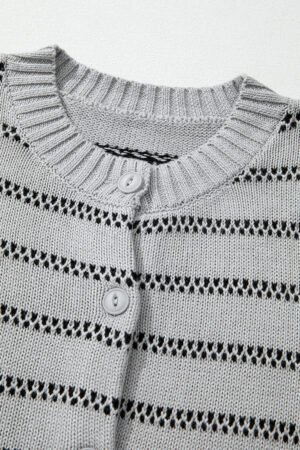 Gray Stripe Button Front Ribbed Trim Short Cardigan - Image 4