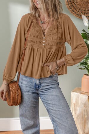 Cinnamon Smocked Bust Buttoned Split V Neck Flow Fit Blouse - Image 4