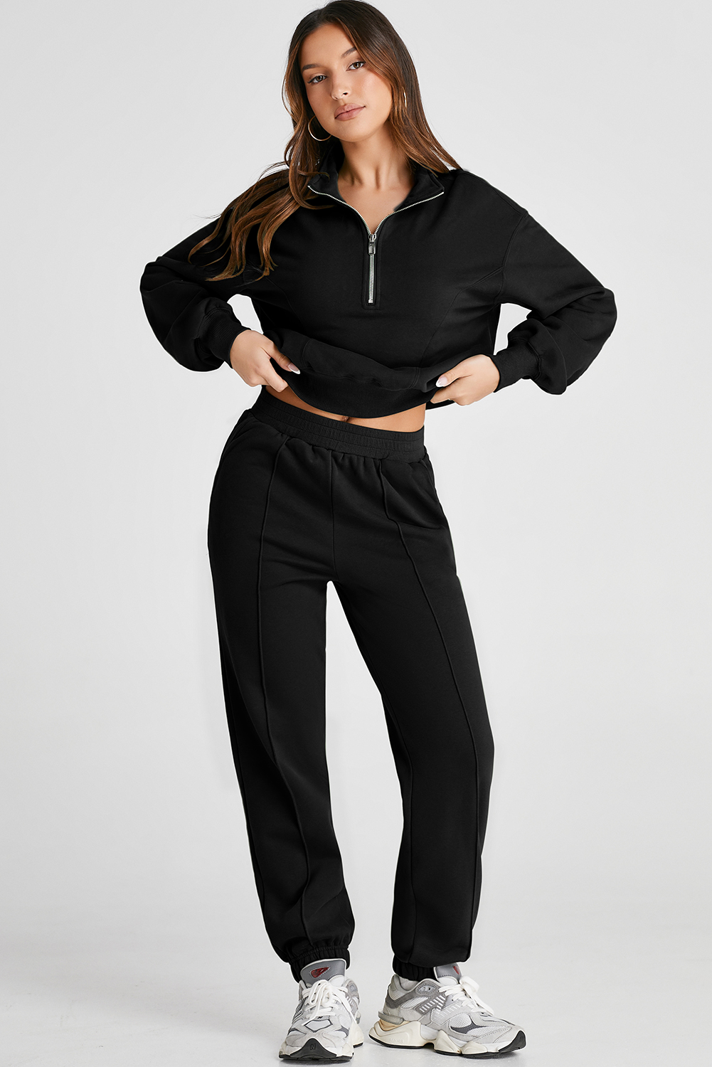 Black Half Zip up Pullover Active Top and Joggers Set Black Half Zip up Pullover Active Top and Joggers Set