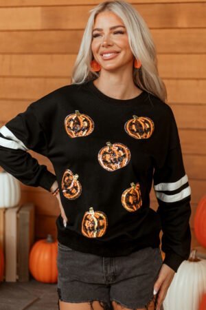 Black Halloween Pumpkin Face Sequin Patched Oversize Varsity Sweatshirt - Image 6