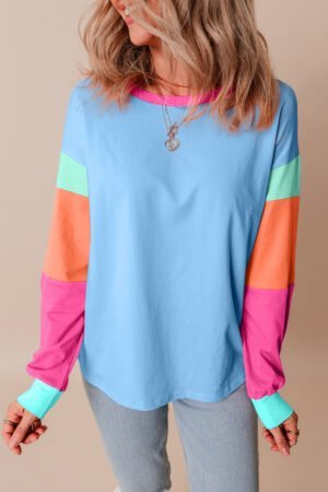 Dark Blue Colorblock Patchwork Long Sleeve Loose Top - Image 4