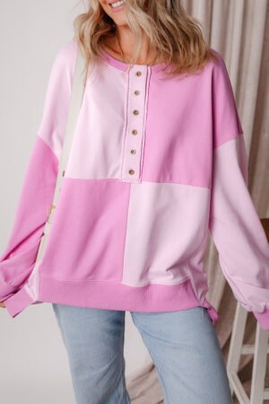 Pink Colorblock Henley High Low Oversize Sweatshirt - Image 4