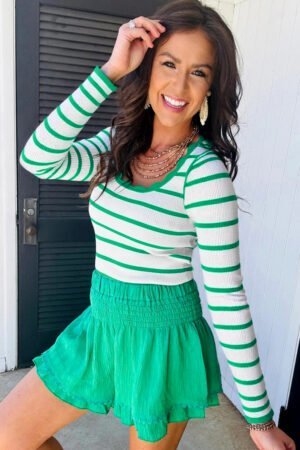Bright Green Scalloped Trim U Neck Striped Ribbed Slim Sweater - Image 2