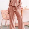 Peach Blossom Velvet Zip-up Hoodie and Wide Leg Pants Set