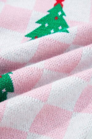 Pink Checkered Christmas Tree Pattern Button V Neck Cardigan Sweater - Image 8