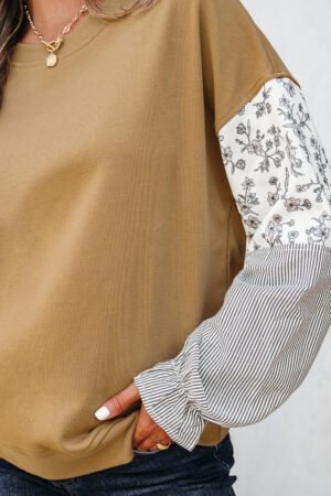 Camel Floral Striped Patchwork Ruffled Sleeve Crew Neck Sweatshirt - Image 5