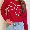 Fiery Red Contrast Trim Big Bow Accent Holiday Cropped Sweater