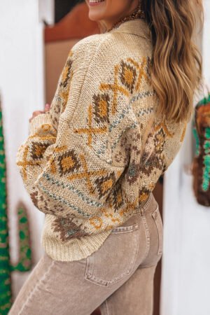 Khaki Western Pattern Knitted Button V Neck Cardigan Sweater - Image 2