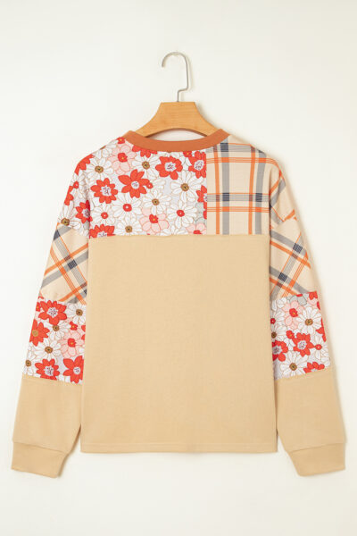 Parchment Floral Plaid Patchwork Casual Top