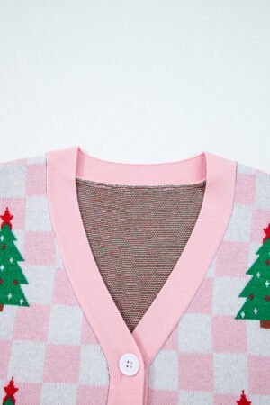 Pink Checkered Christmas Tree Pattern Button V Neck Cardigan Sweater - Image 7