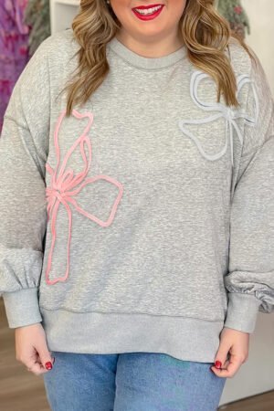 Light Grey Plus Size Thread Embroidered Drop Shoulder Round Neck Sweatshirt