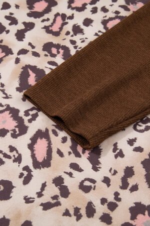 Brown Leopard Print Knit Patchwork Plus Hoodie - Image 8