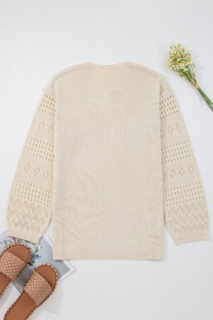 Smoke Gray Solid Color Hollowed Knit Open Front Cardigan Sweater - Image 4