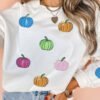 White Colorful Pumpkin Sequin Patched Drop Shoulder Sweatshirt