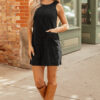 Black Corduroy Sleeveless Mini Dress With Patched Pockets