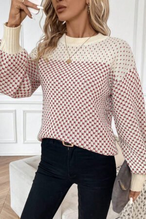 Red Contrast Color Pattern Lantern Sleeve Sweater - Image 3