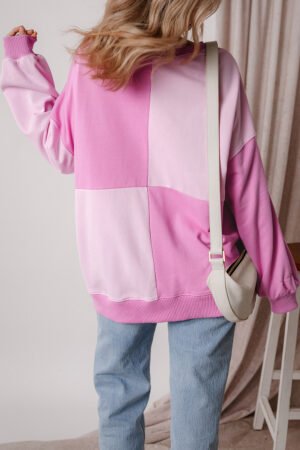 Pink Colorblock Henley High Low Oversize Sweatshirt - Image 3
