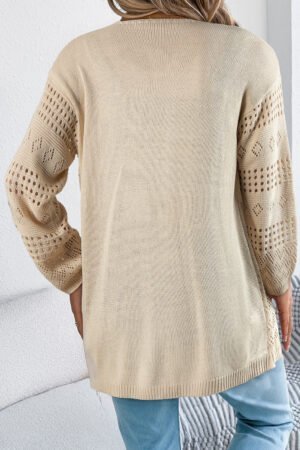 Smoke Gray Solid Color Hollowed Knit Open Front Cardigan Sweater - Image 2