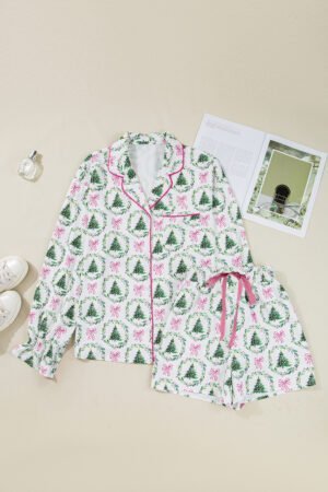 Green Christmas Fashion Print Velvet Trim Bow Knot Pajama 2pcs Short Set - Image 3