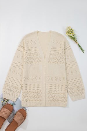 Smoke Gray Solid Color Hollowed Knit Open Front Cardigan Sweater - Image 3