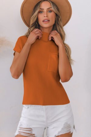 Gold Flame Patch Pocket Ribbed Knit Short Sleeve Sweater - Image 6