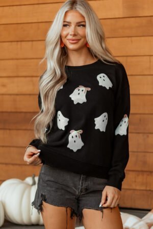 Black Sequin Cute Bow Ghost Graphic Crew Neck Halloween Sweatshirt - Image 6
