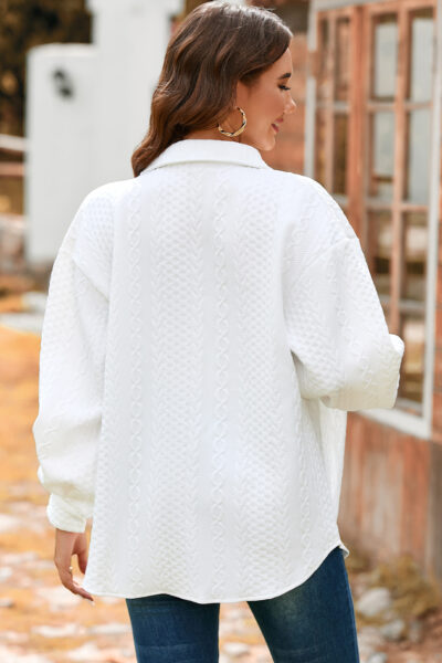 White Cable Texture Puff Sleeve Loose Shacket