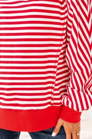 Red Stripe Exposed Seam Drop Shoulder Casual Pullover Top - Image 5