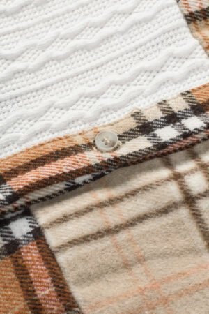 Orange Plaid Color Block Patchwork Shirt Jacket with Pocket - Image 8