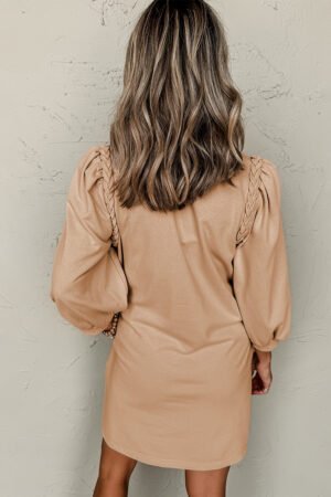 Light French Beige Braided Trim Puff Sleeve Dress - Image 5