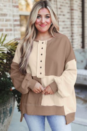 Parchment Colorblock Henley High Low Oversize Sweatshirt - Image 2