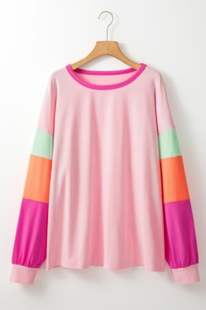 Pink Colorblock Patchwork Long Sleeve Plus Size Top - Image 6