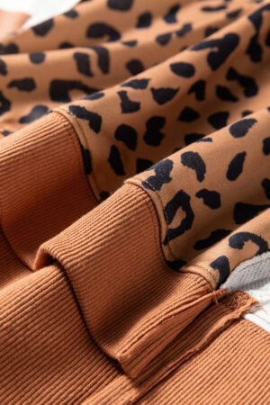 Khaki Stripe Color Block Patchwork Leopard Casual Sweatshirt with Slits - Image 8