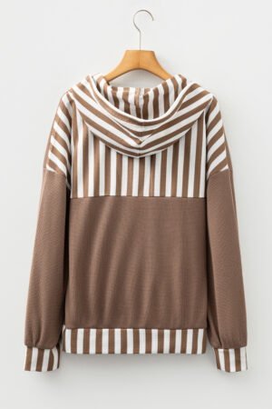 Straw Yellow Waffle Texture Striped Patchwork Button Neck Drawstring Hoodie - Image 7