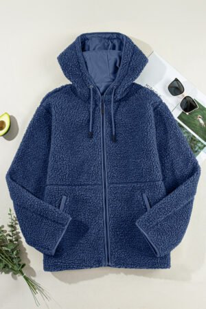 Navy Blue Fleece Zip Up Drawstring Hooded Pocketed Jacket - Image 4
