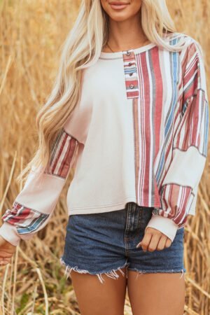 Beige Striped Waffle Patchwork Exposed Seam Raw Edge Casual Knit Top - Image 6