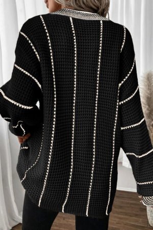 Black Colorblock Striped V Neck Knitted Loose Sweater - Image 2