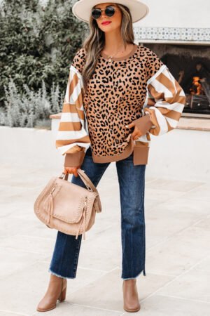 Khaki Stripe Color Block Patchwork Leopard Casual Sweatshirt with Slits - Image 4