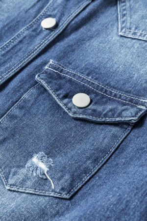 Sky Blue Light Wash Distressed Frayed Long Denim Jacket - Image 8