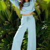 Mist Blue Drop Shoulder Puff Sleeve Crop Pullover Drawstring Wide Leg Pants Set
