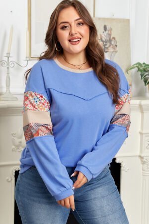 Blue Exposed Seam Floral Mixed Patchwork Relaxed Plus Size Sweatshirt - Image 3