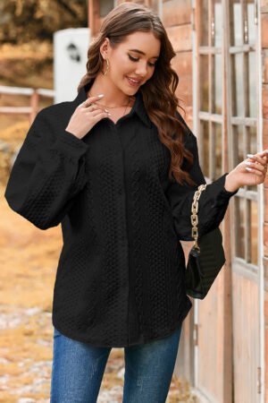 Black Cable Texture Puff Sleeve Loose Shacket - Image 3