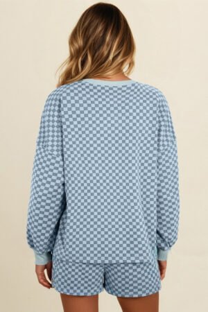 Alternative view of Sky Blue Checkerboard Long Sleeve Pullover and Shorts Set