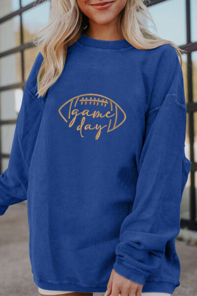 Dark Blue Rugby Game Day Embroidered Corduroy Sweatshirt