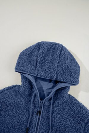 Navy Blue Fleece Zip Up Drawstring Hooded Pocketed Jacket - Image 6