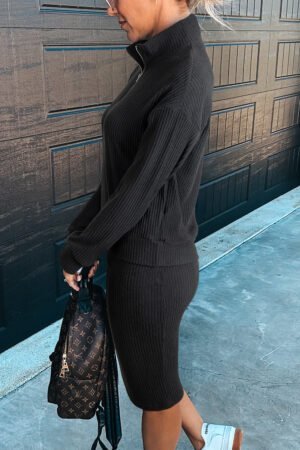 Alternative view of Black Ribbed Zip Stand Neck Drop Shoulder Pullover Bodycon Skirt 2pcs Set