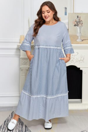 Sky Blue Stripe Crisscross Lace Detail Mixed Striped Patchwork Plus Size Shift Long Dress - Image 4